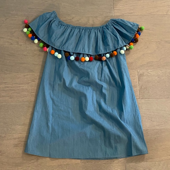 San Joy Dresses & Skirts - Chambray Off-the-Shoulder Pom Pom Dress